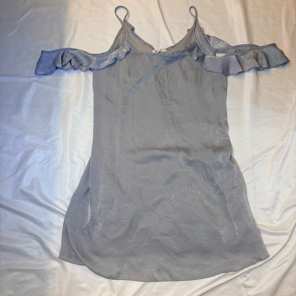 XL Silvery Blue Ruffle Cold-Shoulder Mini Dress